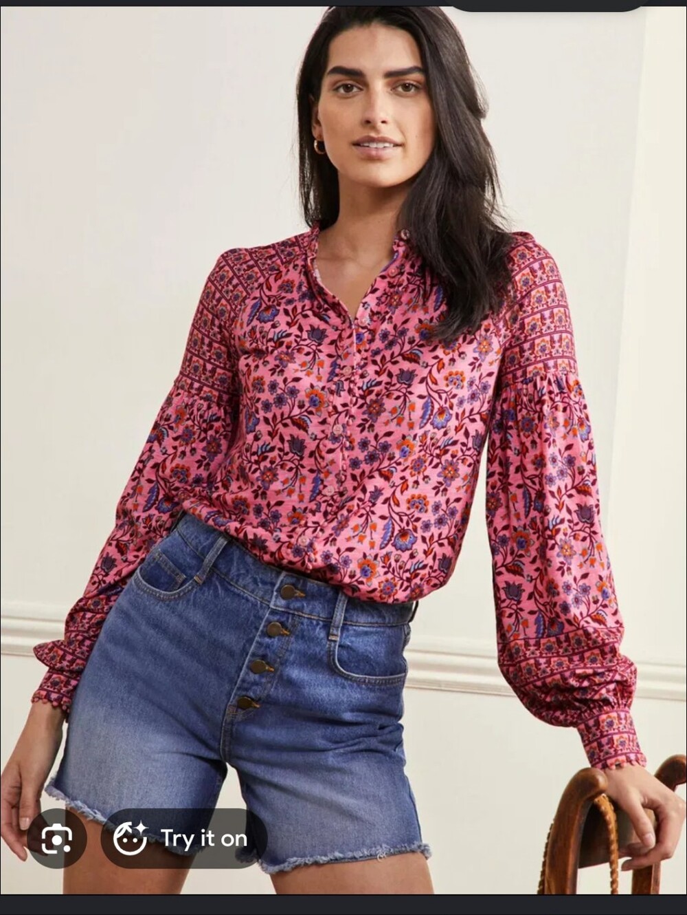 Boden Floral Pom Pom Long Sleeve Top